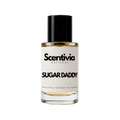 Sugar Daddy perfume bottle with black cap, Scentivia label, clear glass and gold liquid
