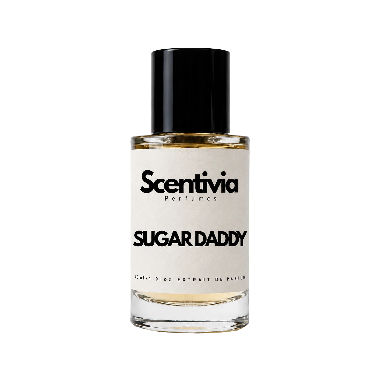 Sugar Daddy perfume bottle with black cap, Scentivia label, clear glass and gold liquid