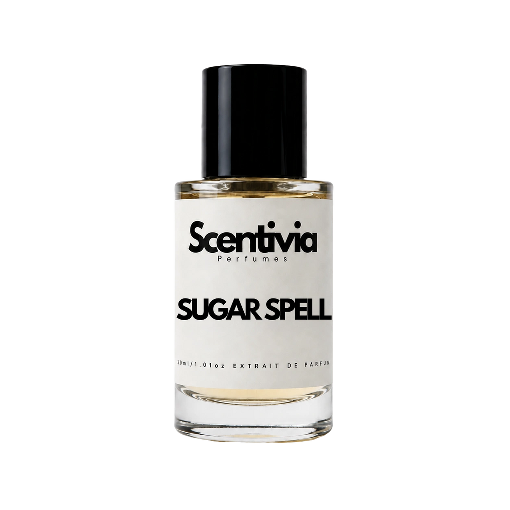 Sugar Spell perfume bottle with black cap and gold-tinted glass