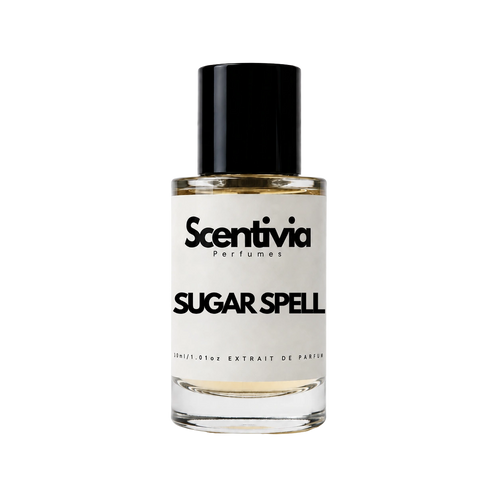 Sugar Spell perfume bottle with black cap and gold-tinted glass