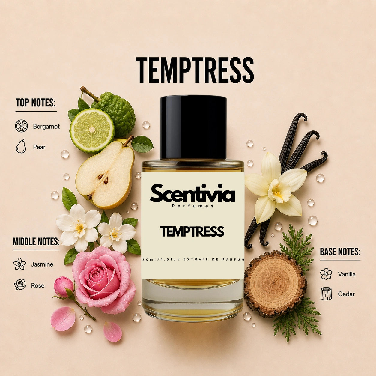 Scentivia Temptress perfume breakdown showing top, middle, and base notes including bergamot, pear, jasmine, rose, vanilla, and cedar around the bottle.