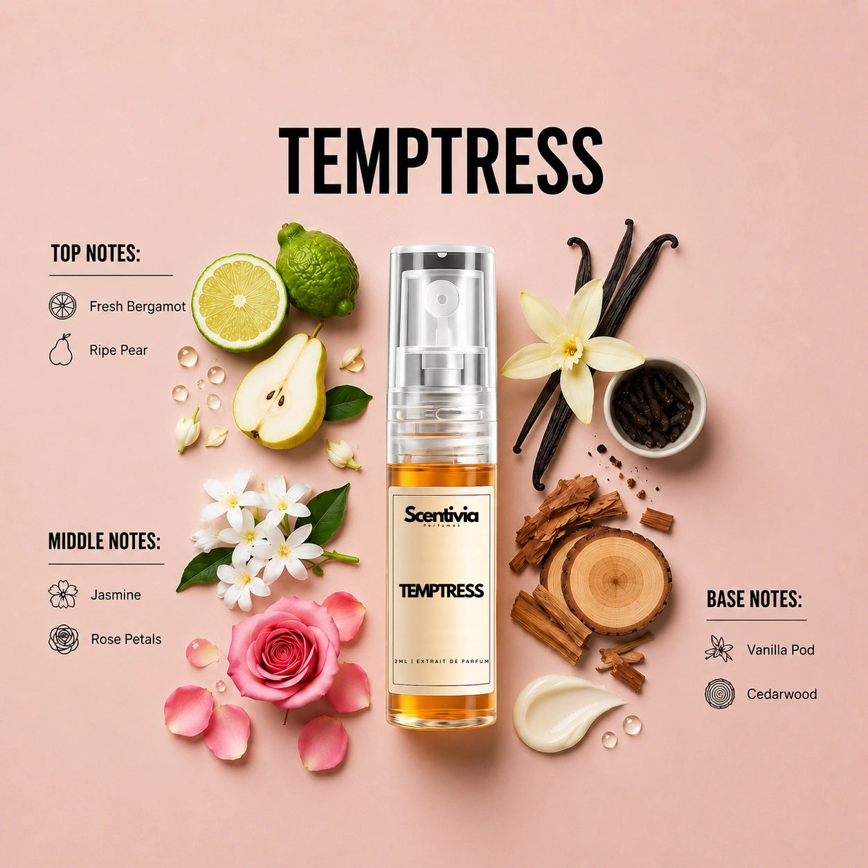 Temptress 2ML perfume bottle by Scentivia Perfumes with Bergamot, Pear, Jasmine, Rose Petals, Vanilla and Cedarwood