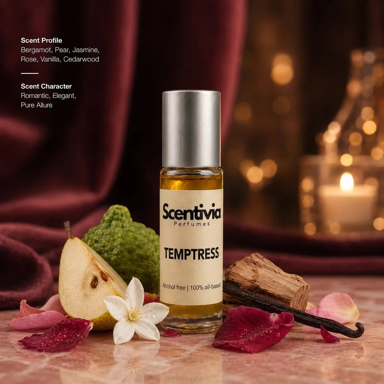 Temptress roll on bottle with Bergamot, Pear, Jasmine, Rose petals, Vanilla and Cedarwood in warm romantic setting