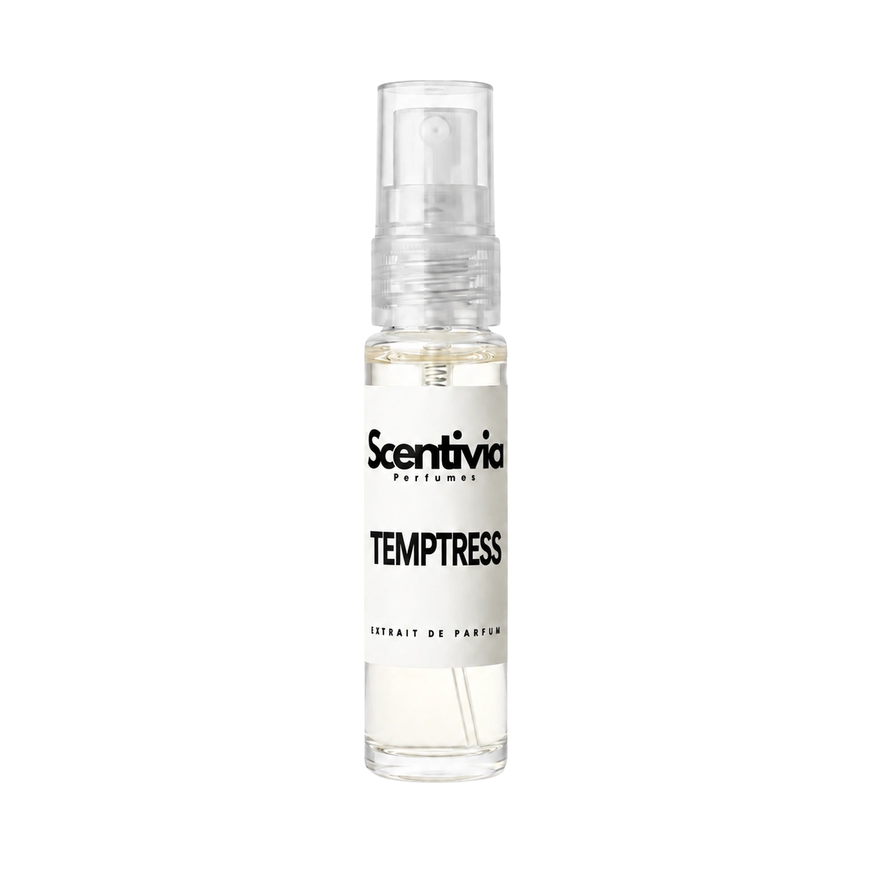 Temptress perfume bottle with clear sprayer and white label, 10 ml
