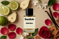 Scentivia Temptress perfume bottle arranged flat on a beige background surrounded by sliced pears, bergamot halves, small white flowers, red rose petals, a single red rose, vanilla pods, and small pieces of wood.