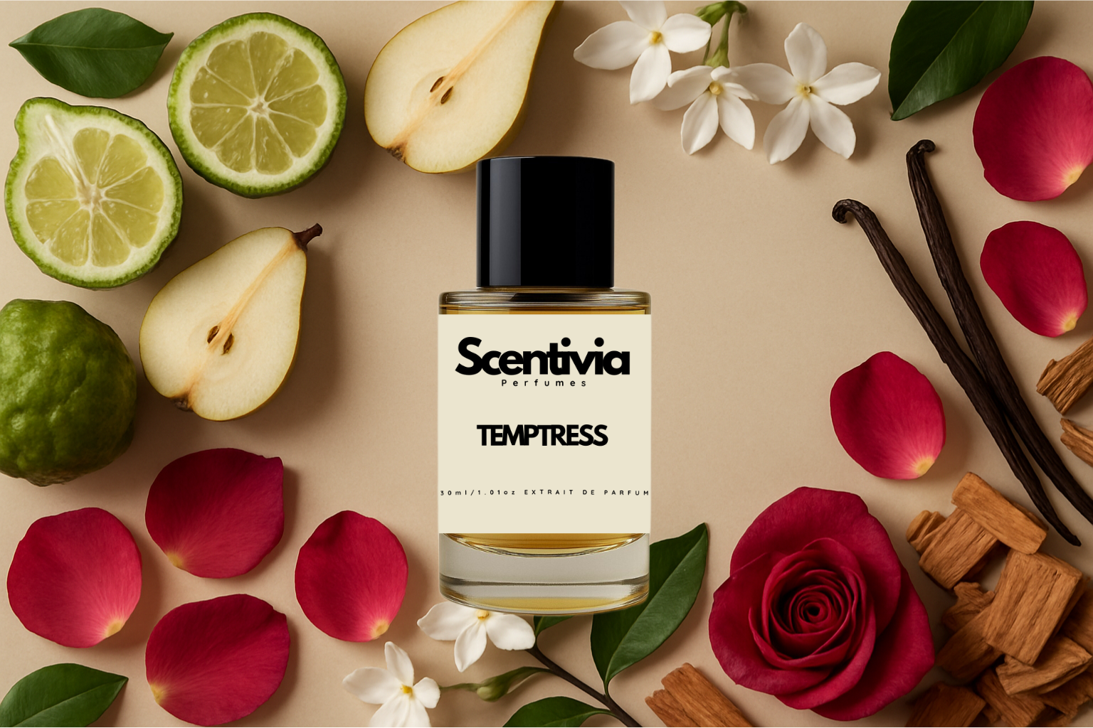 Scentivia Temptress perfume bottle arranged flat on a beige background surrounded by sliced pears, bergamot halves, small white flowers, red rose petals, a single red rose, vanilla pods, and small pieces of wood.