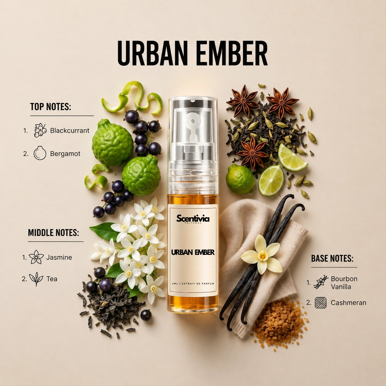 Urban Ember 2ML perfume bottle by Scentivia Perfumes with Blackcurrant, Bergamot, Jasmine, Tea, Vanilla and Cashmeran