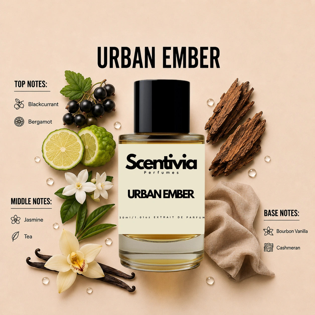 Scentivia Urban Ember perfume breakdown showing top, middle, and base notes including blackcurrant, bergamot, jasmine, tea, bourbon vanilla, and cashmeran around the bottle.