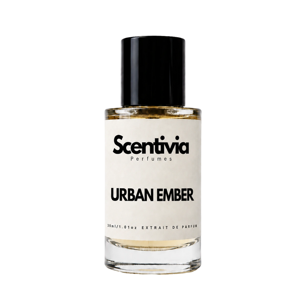 Scentvia perfume bottle with black cap, amber liquid, centered label