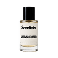 Scentvia perfume bottle with black cap, amber liquid, centered label