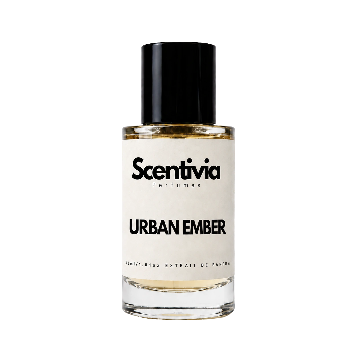 Scentvia perfume bottle with black cap, amber liquid, centered label
