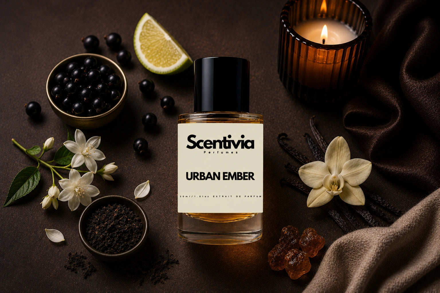 Scentivia Urban Ember perfume bottle surrounded by a small bowl of blackcurrants, a lime wedge, a lit candle in a ribbed amber glass holder, a vanilla orchid flower with vanilla pods, pieces of amber resin, loose black tea leaves in a small bowl, and white jasmine blossoms on a dark brown textured surface.