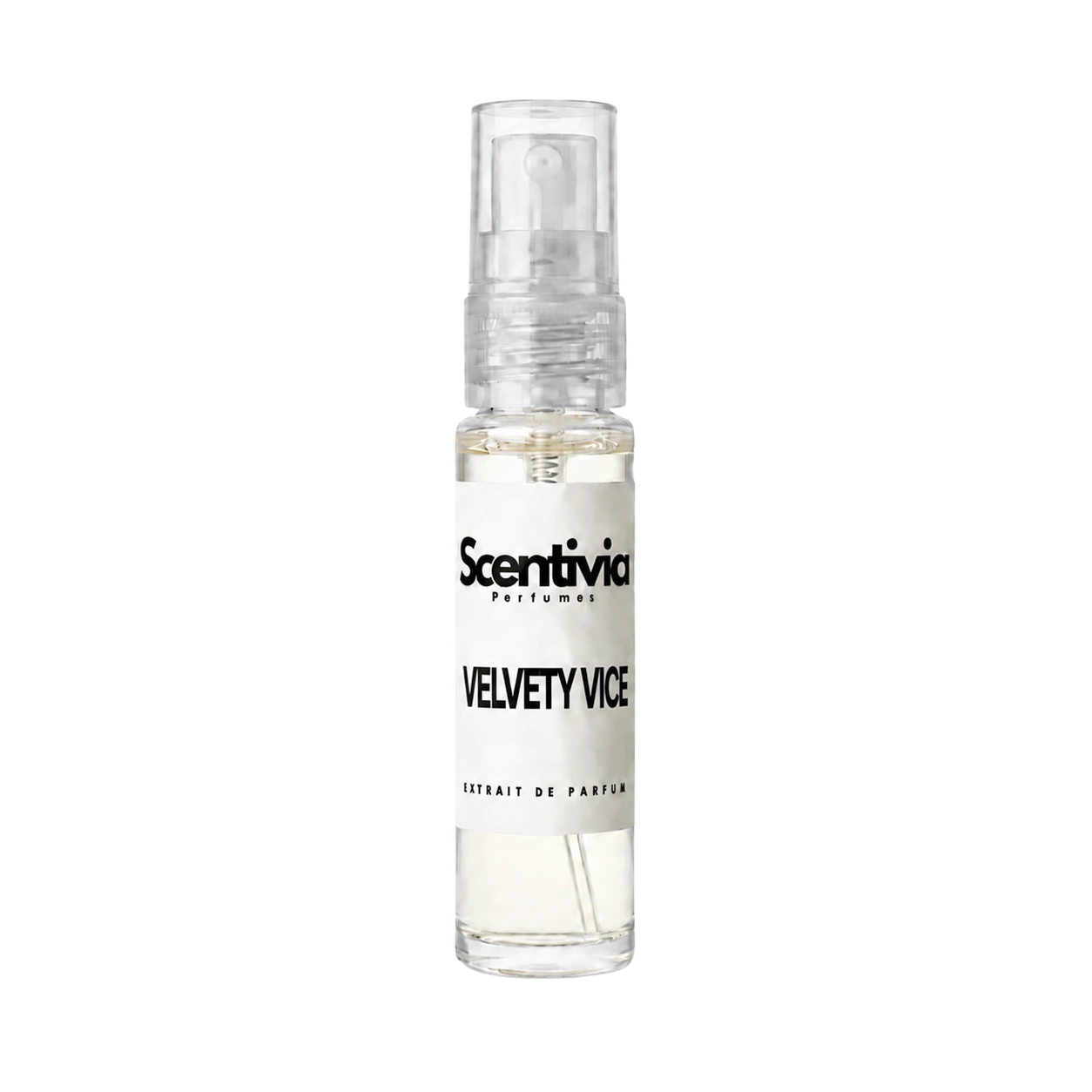 Perfume bottle with clear spray cap and glass body, labeled Scentivia VELVETY VICE