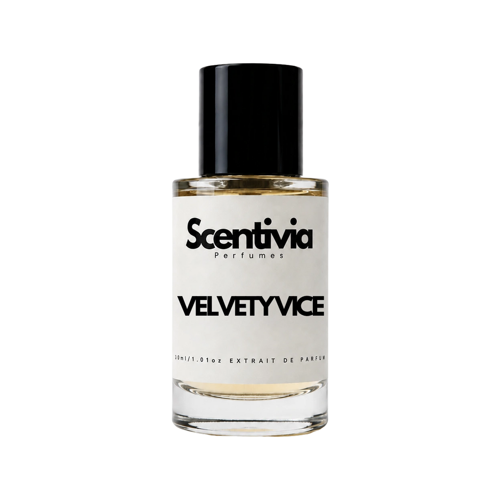 Velvety Vice perfume bottle with black cap, gold liquid, clear glass