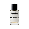 Velvety Vice perfume bottle with black cap, gold liquid, clear glass