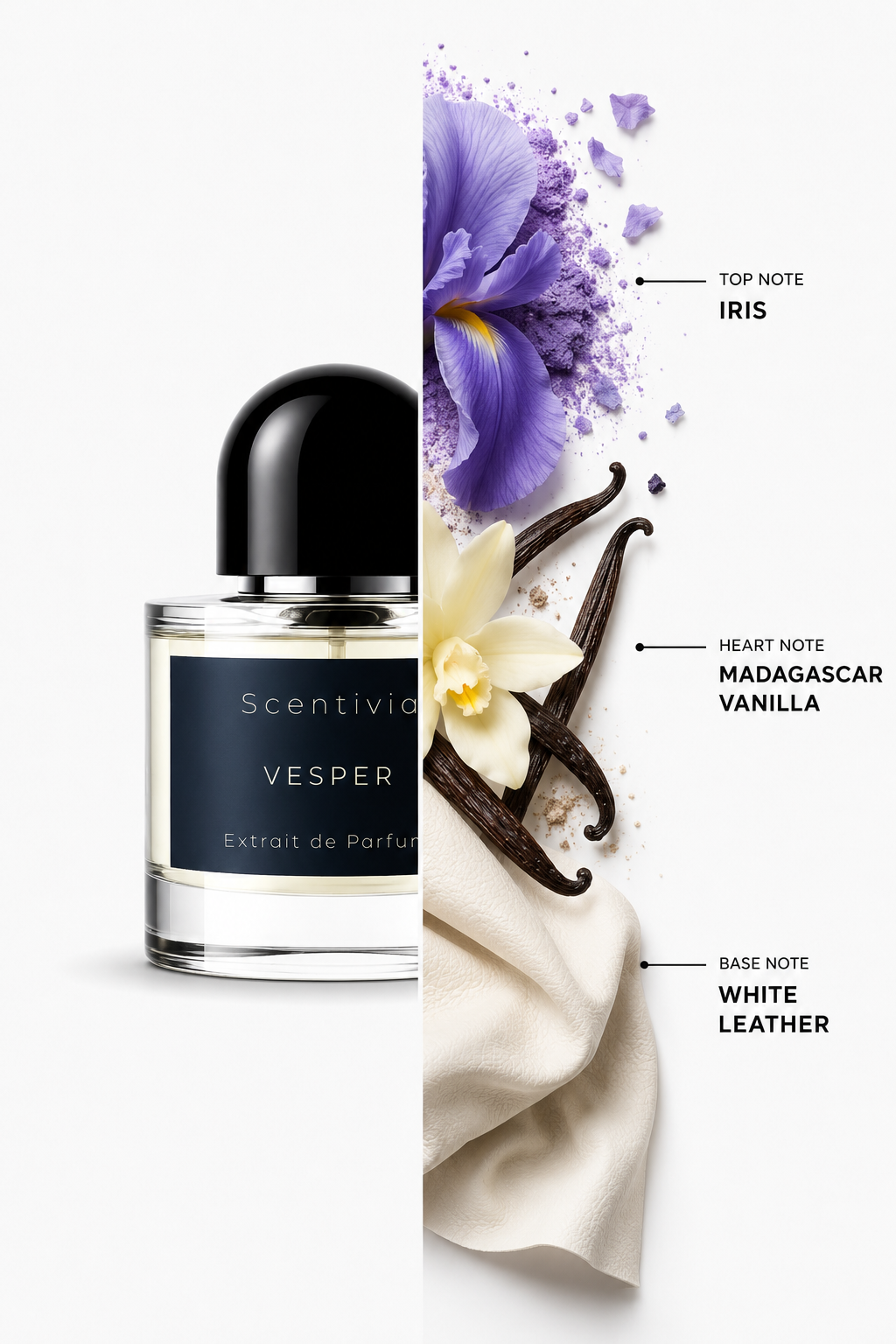 A perfume bottle labeled 'Scentivia Vesper' on a white background beside a fragrance notes graphic showing purple iris petals, a vanilla flower and pod, and white leather, with text naming top note, heart note, and base note.