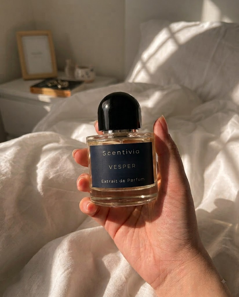 A hand holding a bottle of Scentivia Vesper Extrait de Parfum against a softly lit bedroom background with white bedding and warm sunlight.