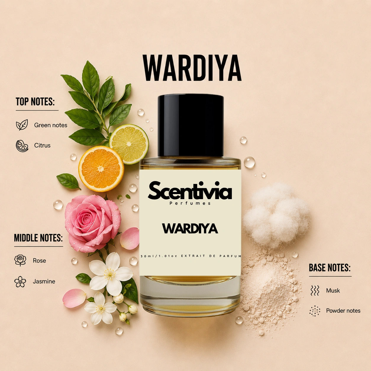 Scentivia Wardiya perfume breakdown showing top, middle, and base notes including green notes, citrus, rose, jasmine, musk, and powder notes around the bottle.