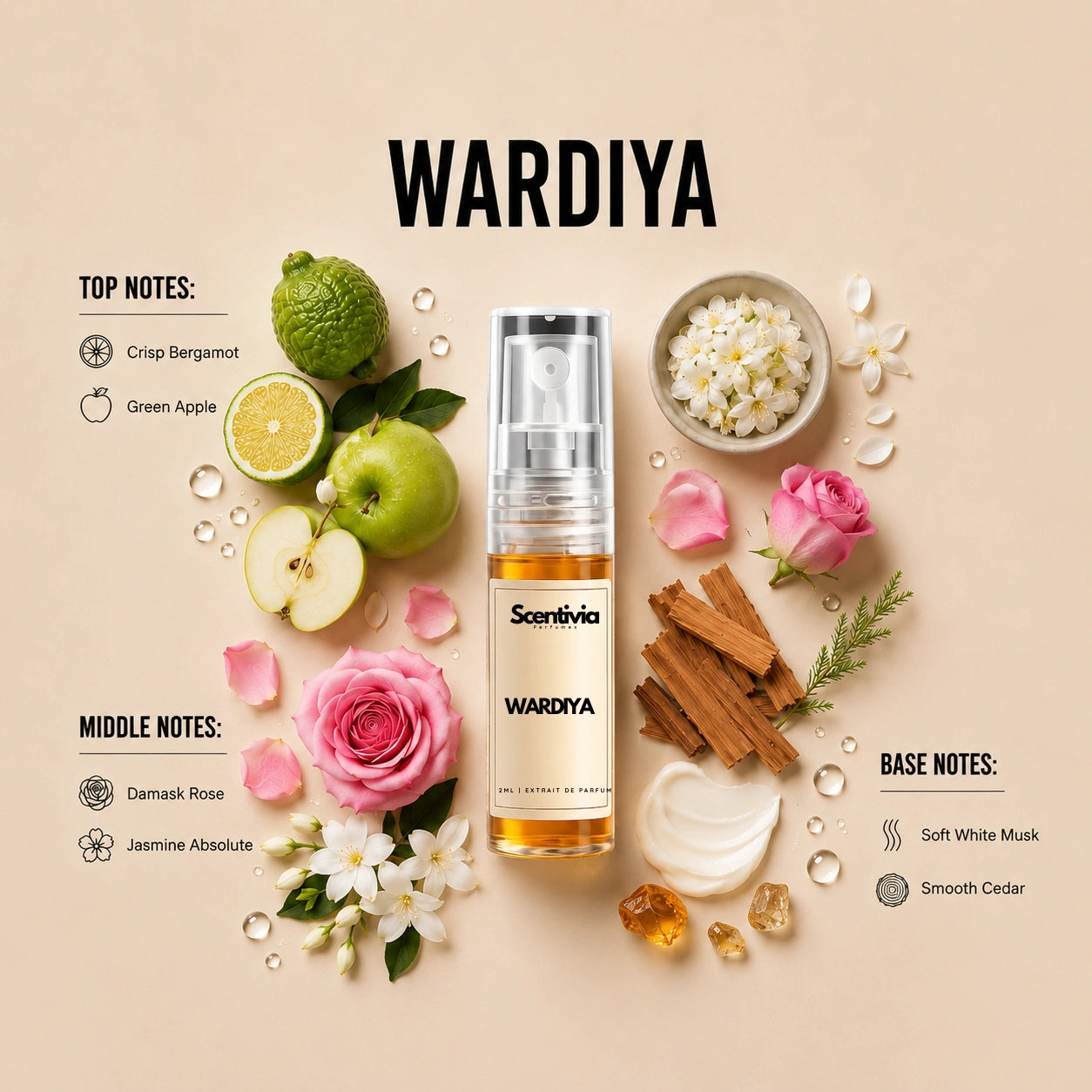 Wardiya 2ML perfume bottle by Scentivia Perfumes with Bergamot, Green Apple, Rose, Jasmine, White Musk and Cedar