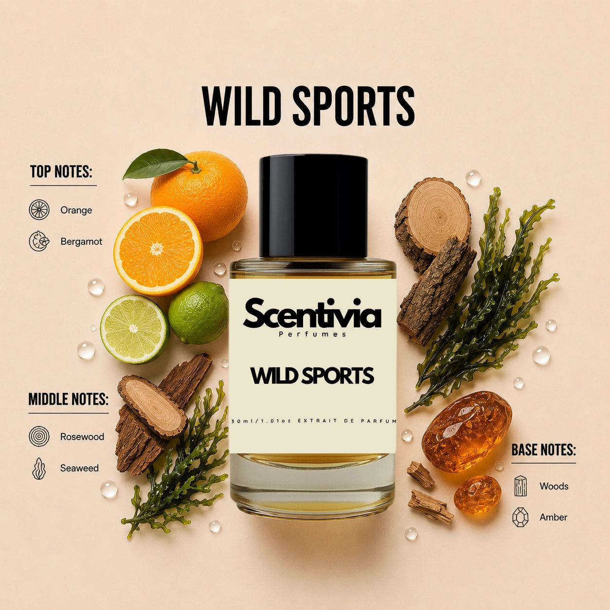 Scentivia Wild Sports perfume breakdown showing top, middle, and base notes including orange, bergamot, rosewood, seaweed, woods, and amber around the bottle.