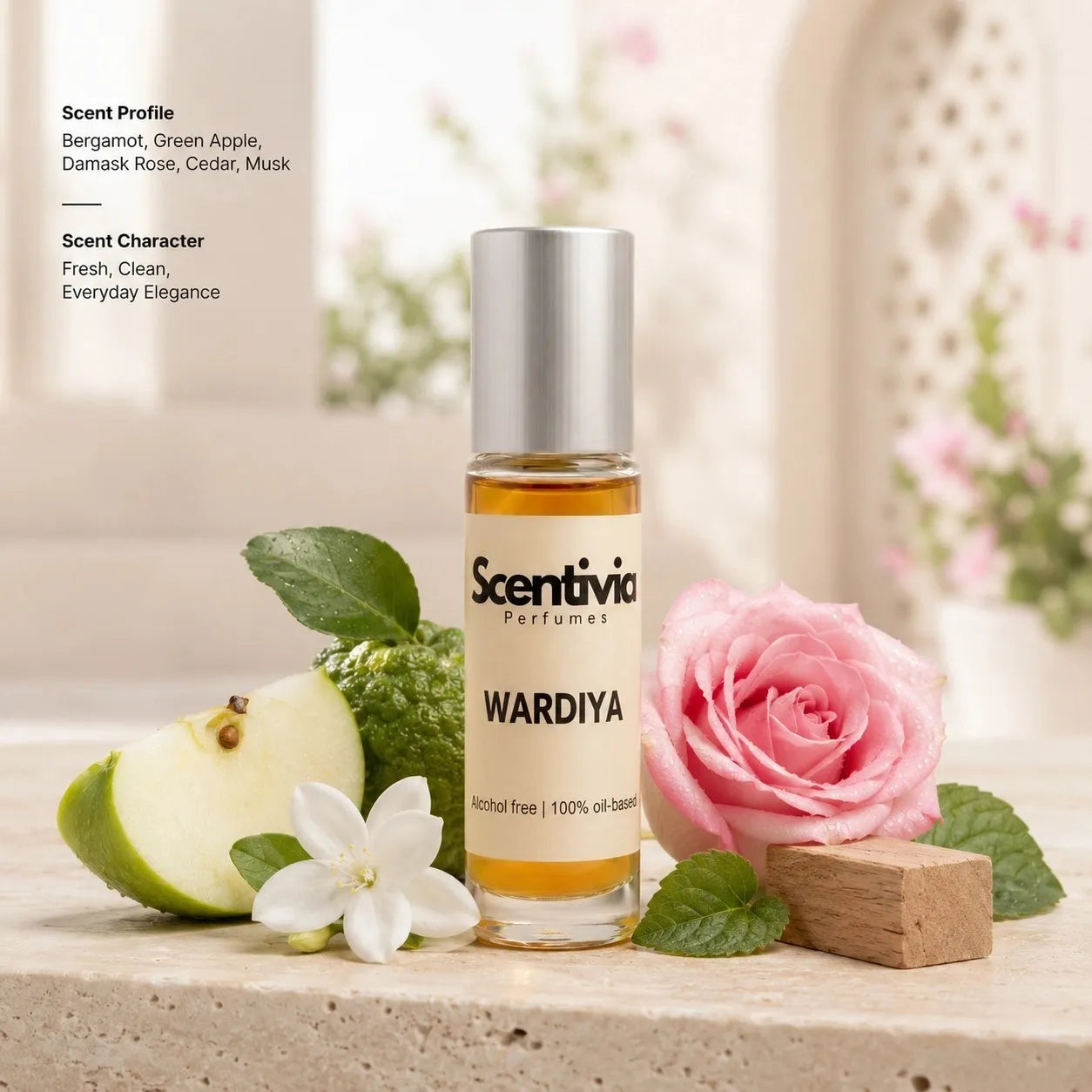 Wardiya roll on bottle with Bergamot, Green Apple, Rose, Cedar and White Flower. Character: Fresh, Elegant
