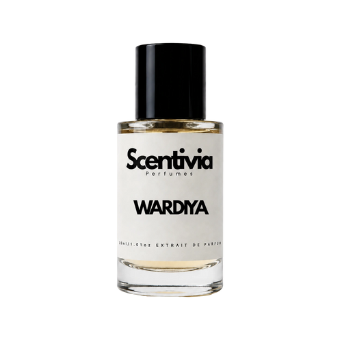 Wardiya perfume bottle with black cap and clear amber liquid, Scentivia label