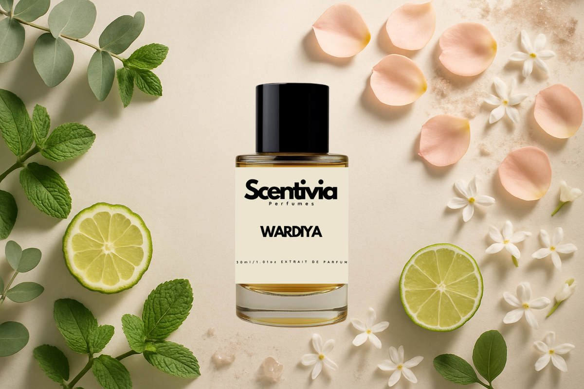 Scentivia Wardiya perfume bottle arranged flat on a light beige background surrounded by lime halves, fresh mint leaves, eucalyptus stems, small white flowers, and light pink rose petals.
