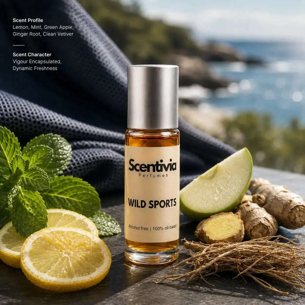 Wild Sports roll on bottle with Lemon, Mint, Green Apple, Ginger and Vetiver by the ocean. Character: Fresh, Dynamic