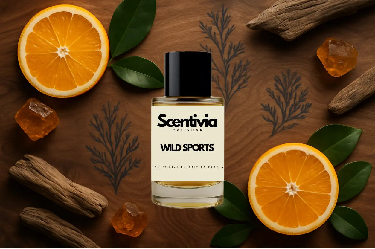 Scentivia Wild Sports perfume bottle arranged flat on a rich brown wooden background surrounded by orange halves, green leaves, dark branch silhouettes, amber resin stones, and pieces of driftwood.