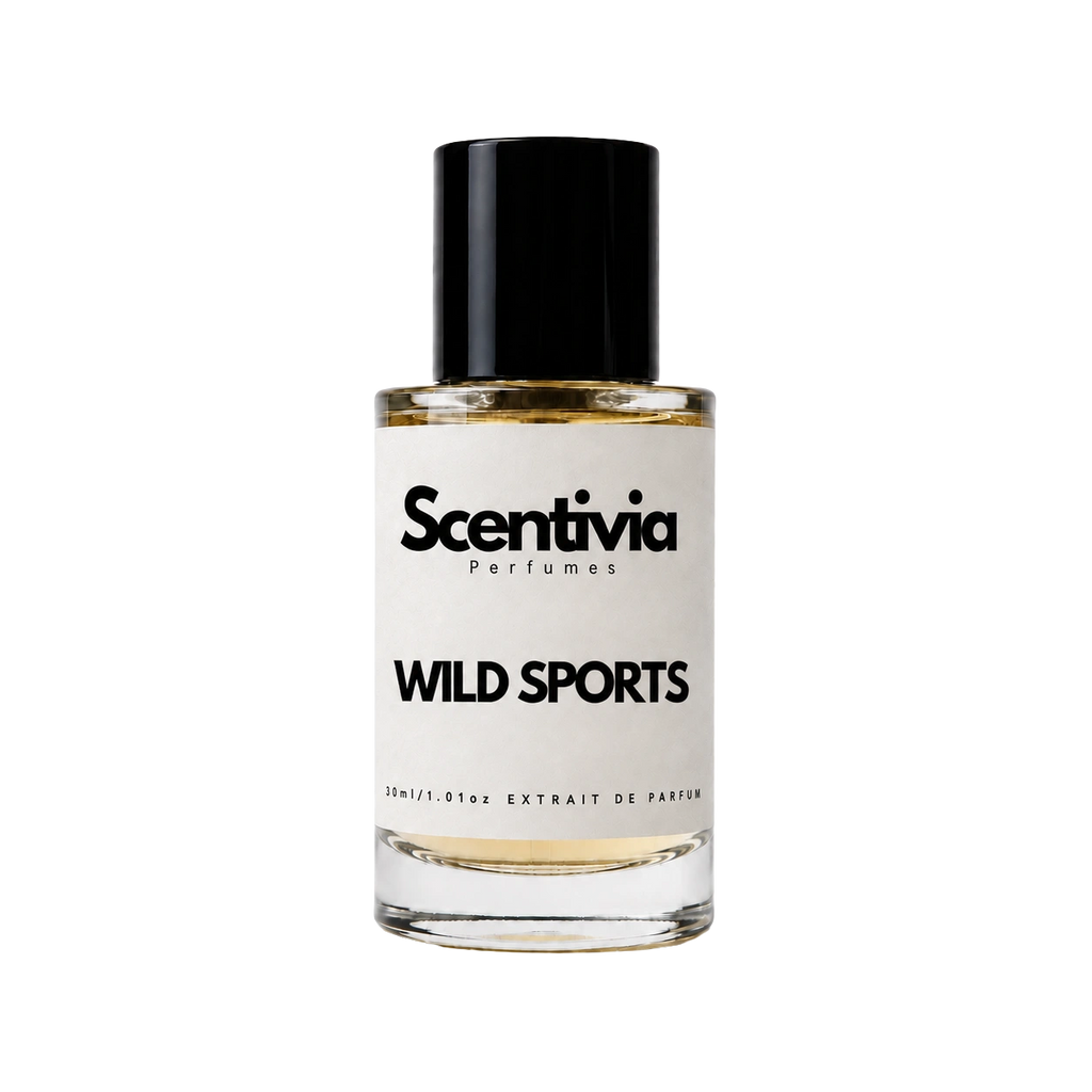 Wild Sports extrait de parfum bottle with black cap and Scentvia label