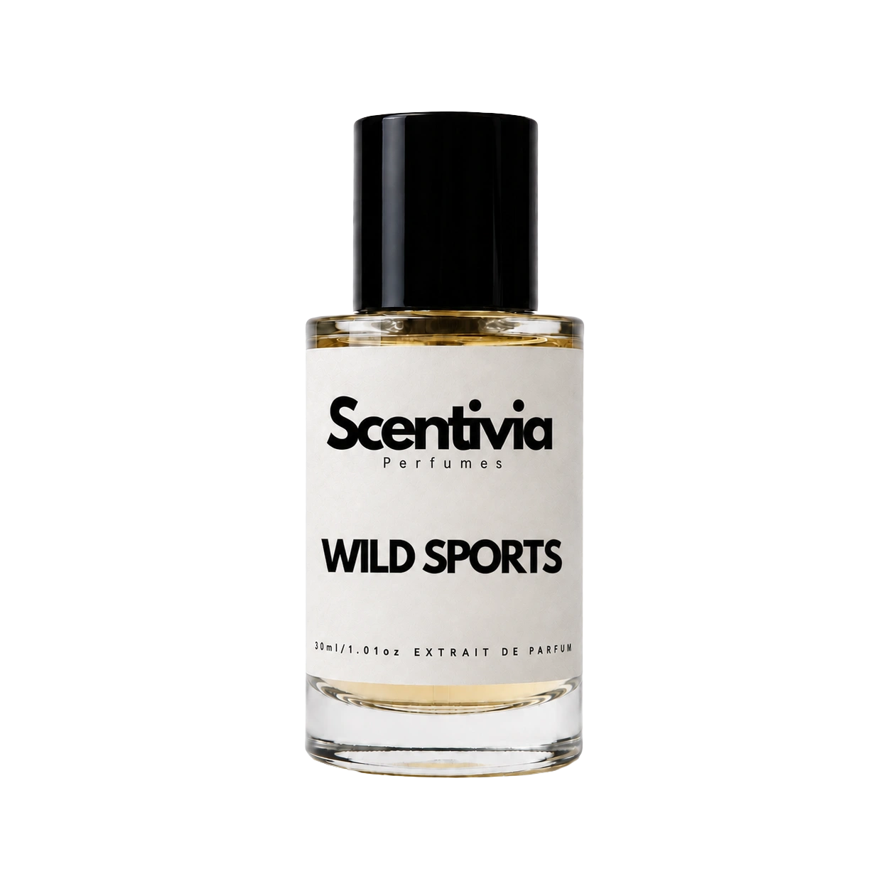 Wild Sports extrait de parfum bottle with black cap and Scentvia label