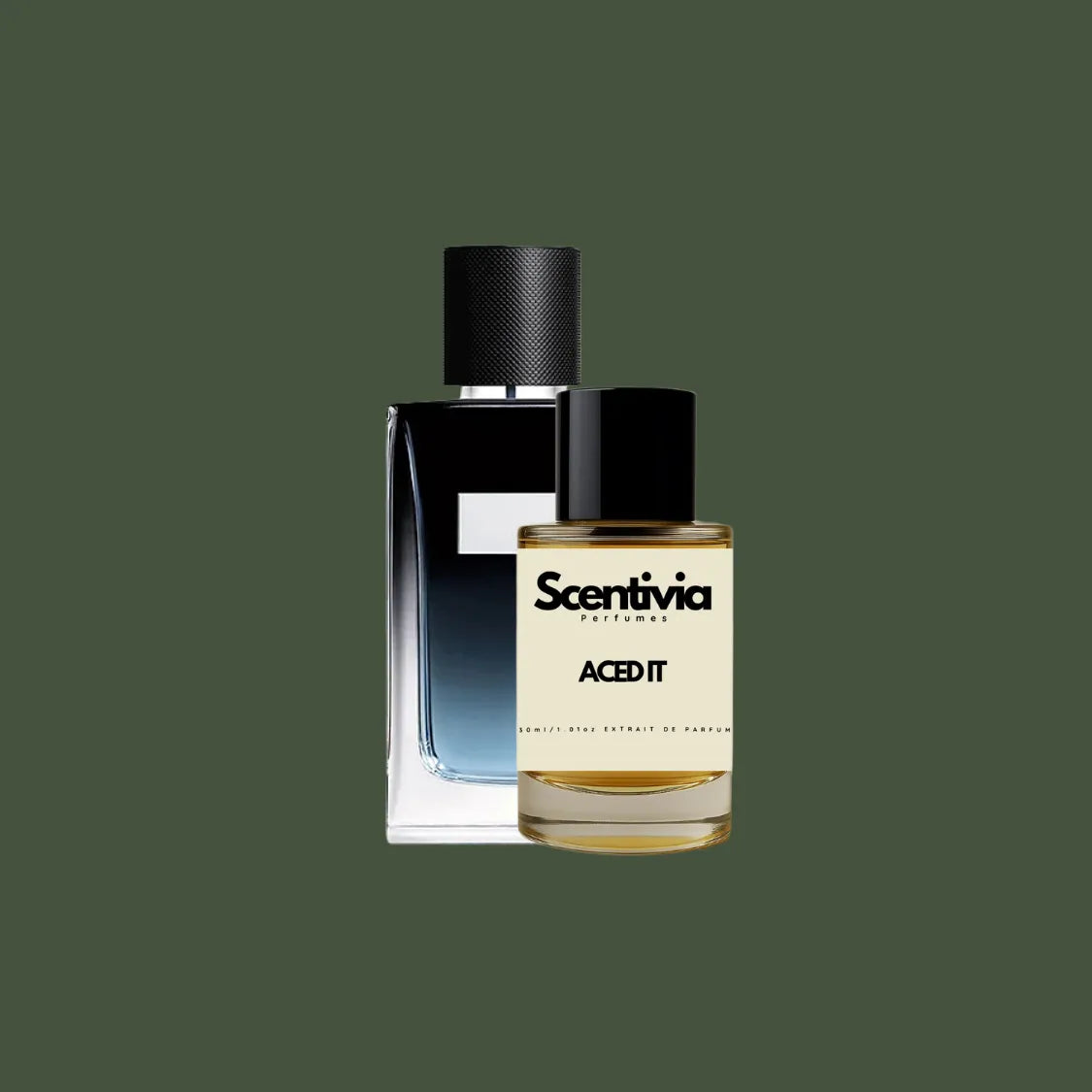 Scentivia Aced It perfume bottle paired alongside a luxury blue-gradient glass bottle with a black textured cap on a solid dark olive green background.