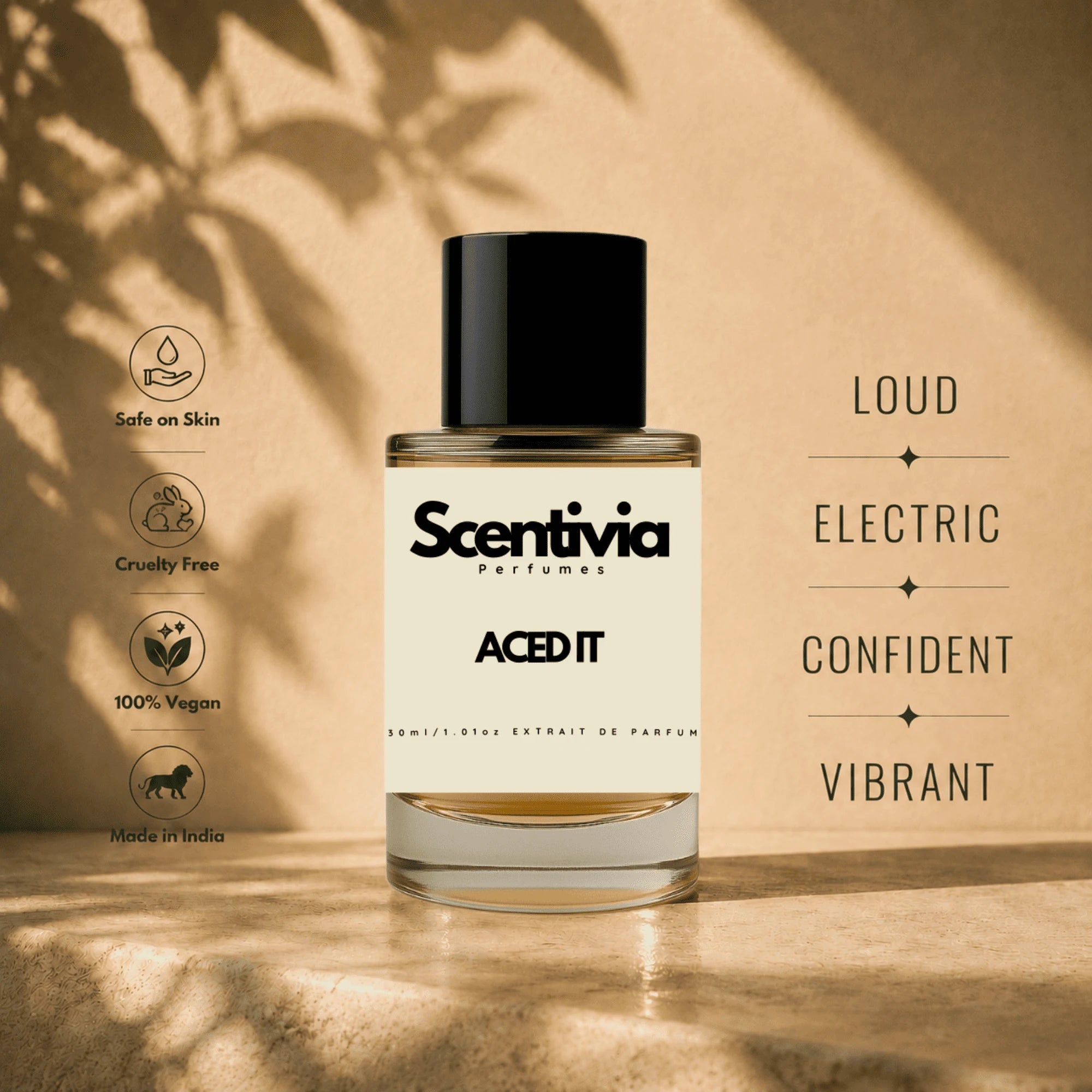 Scentivia Aced It perfume bottle displayed on a stone ledge, featuring descriptive labels like Loud, Electric, Confident, and Vibrant.