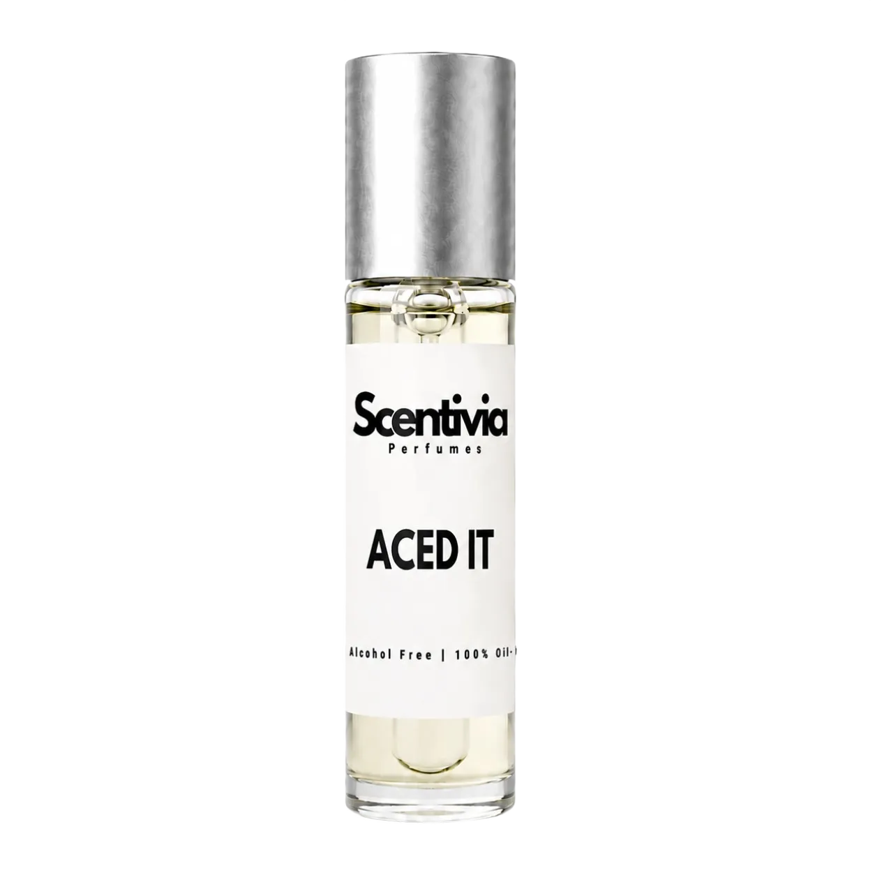 Aced It 10 mL roll-on perfume bottle with clear glass and silver cap