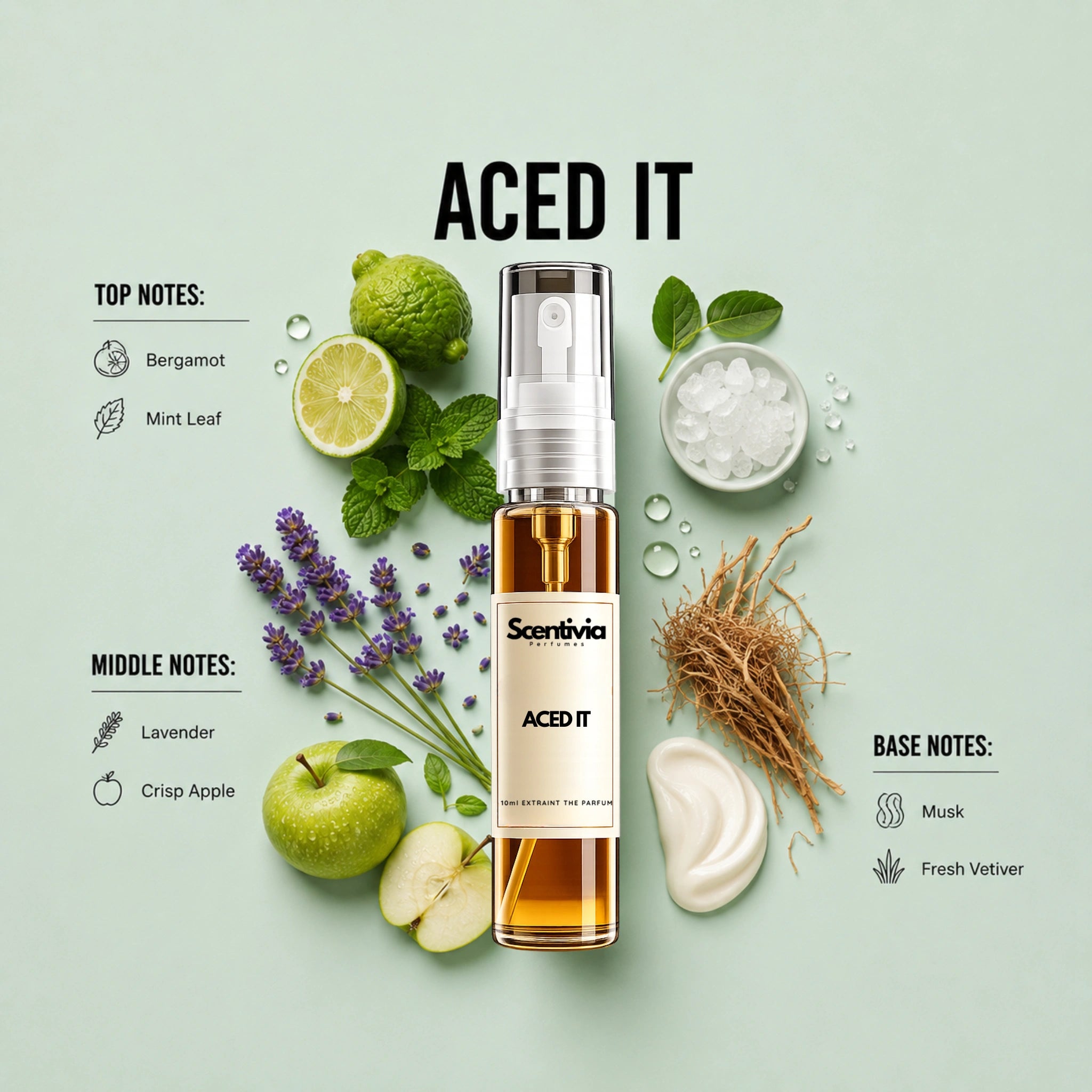 Aced It 10ML perfume bottle by Scentivia Perfumes with bergamot, mint leaf, lavender, apple, musk and vetiver
