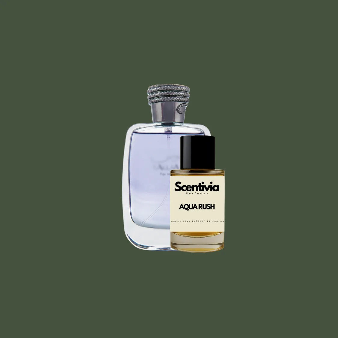 Scentivia Aqua Rush perfume bottle paired alongside a luxury clear bottle with light purple liquid on a solid dark olive green background.