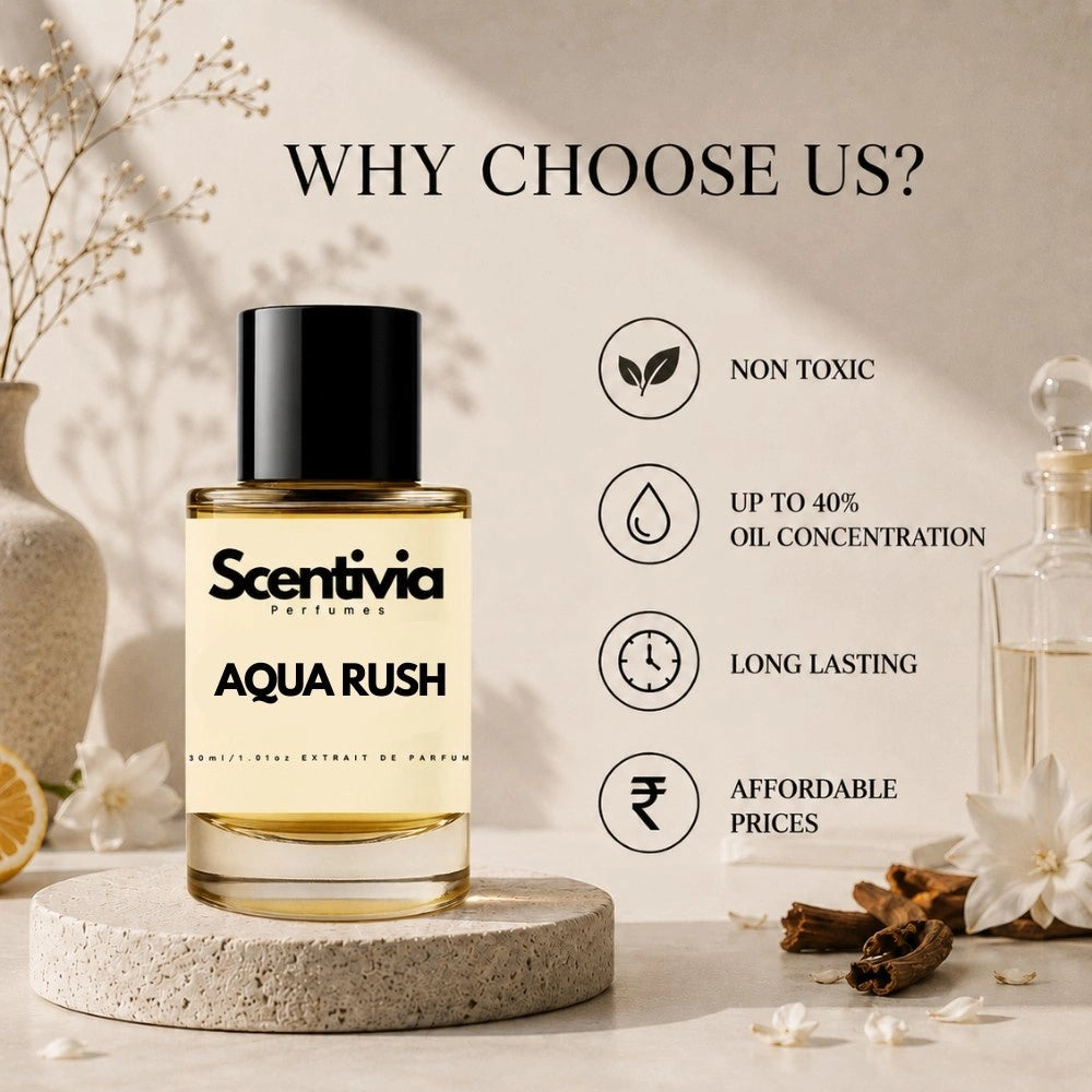 Scentivia Aqua Rush perfume advertisement with "Why Choose Us?" text, listing benefits like non-toxic and long lasting next to the bottle.
