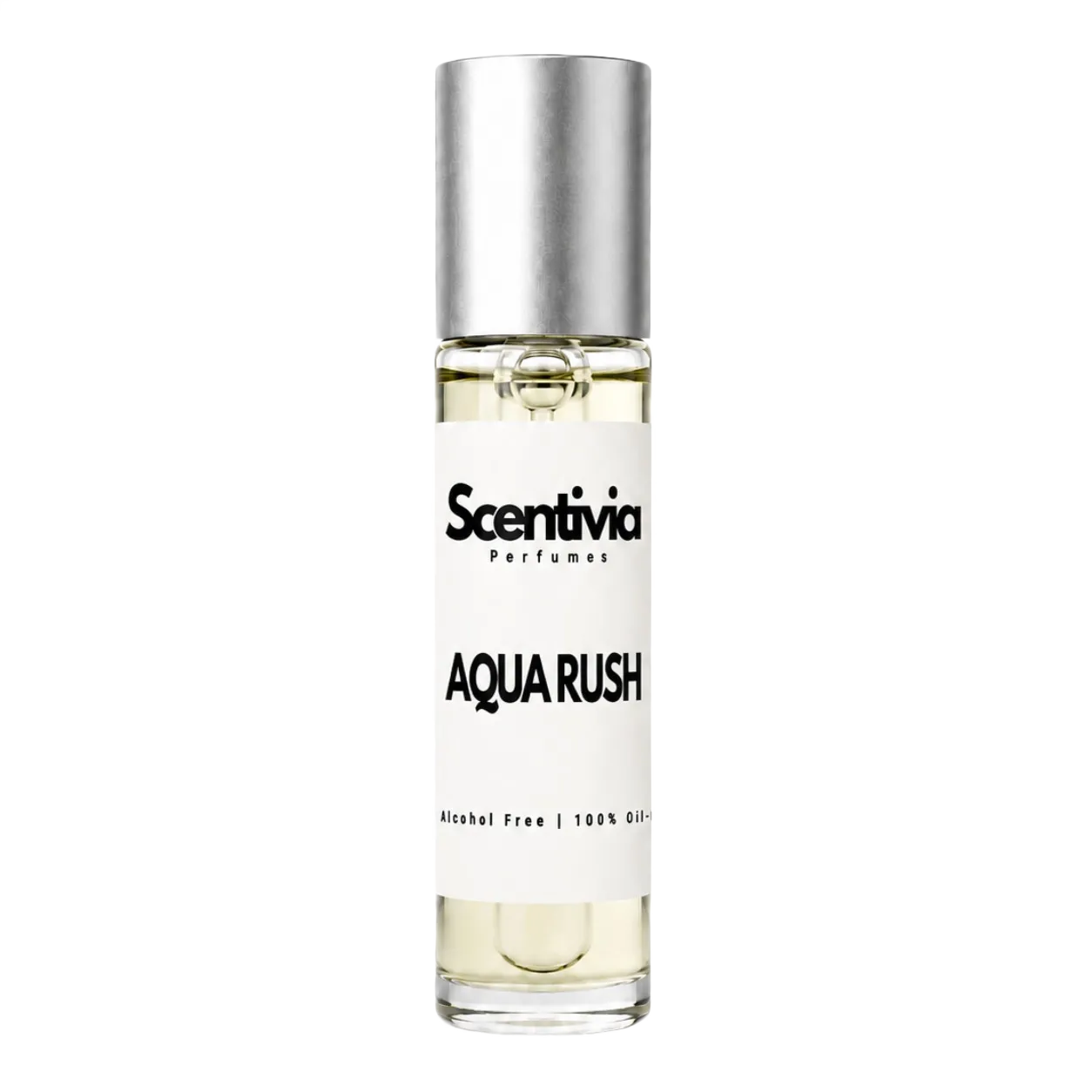 Aqua Rush roll-on perfume bottle with silver cap and Scentivia label, 10 mL