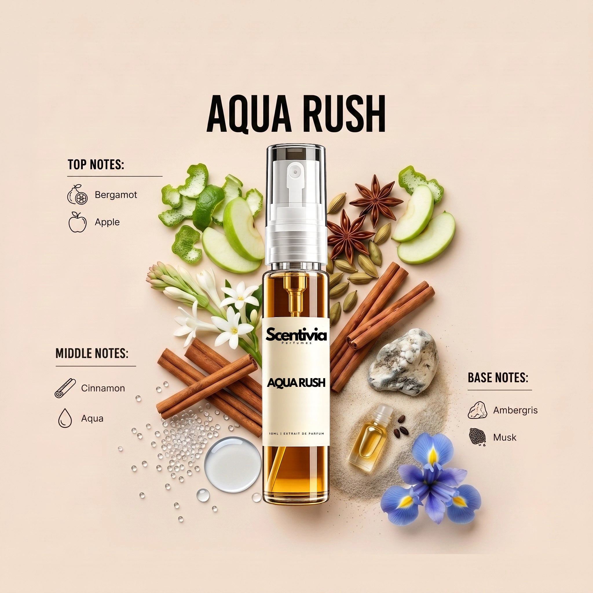 Aqua Rush 10ML perfume bottle by Scentivia Perfumes with Bergamot, Apple, Cinnamon, Aqua, Ambergris and Musk