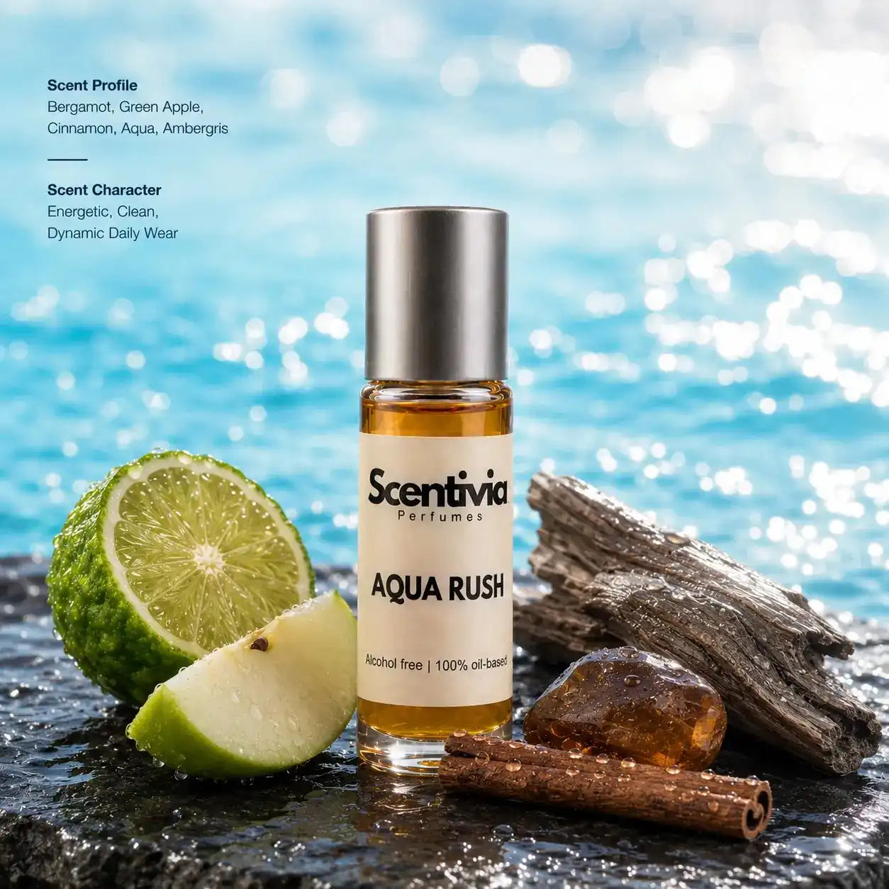 Aqua Rush Roll On bottle with Bergamot, Green Apple, Cinnamon and Ambergris featuring a clean aquatic scent profile