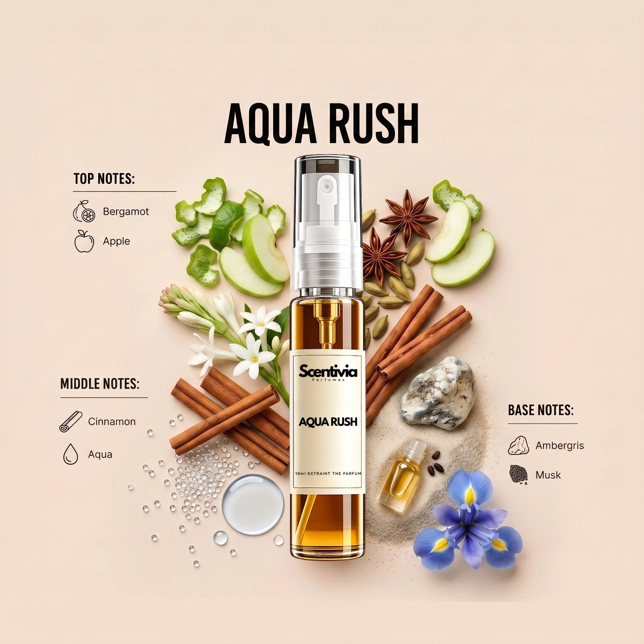 Aqua Rush 10ML perfume bottle by Scentivia Perfumes with Bergamot, Apple, Cinnamon, Aqua, Ambergris and Musk