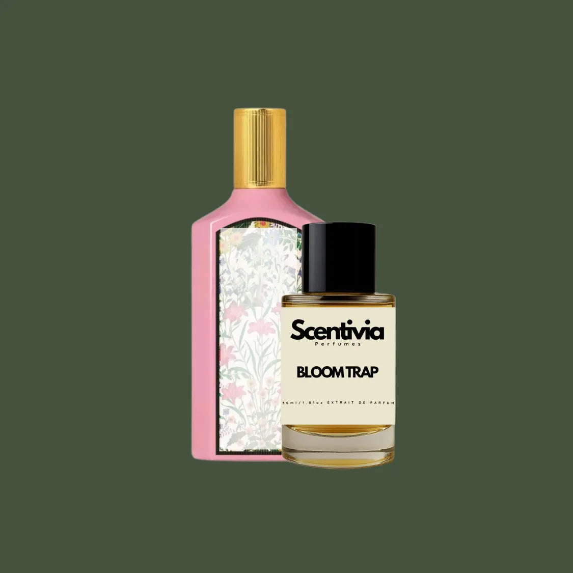 Scentivia Bloom Trap perfume bottle paired alongside a luxury pink designer bottle featuring a ribbed gold cap and a floral pattern label on a solid dark olive green background.