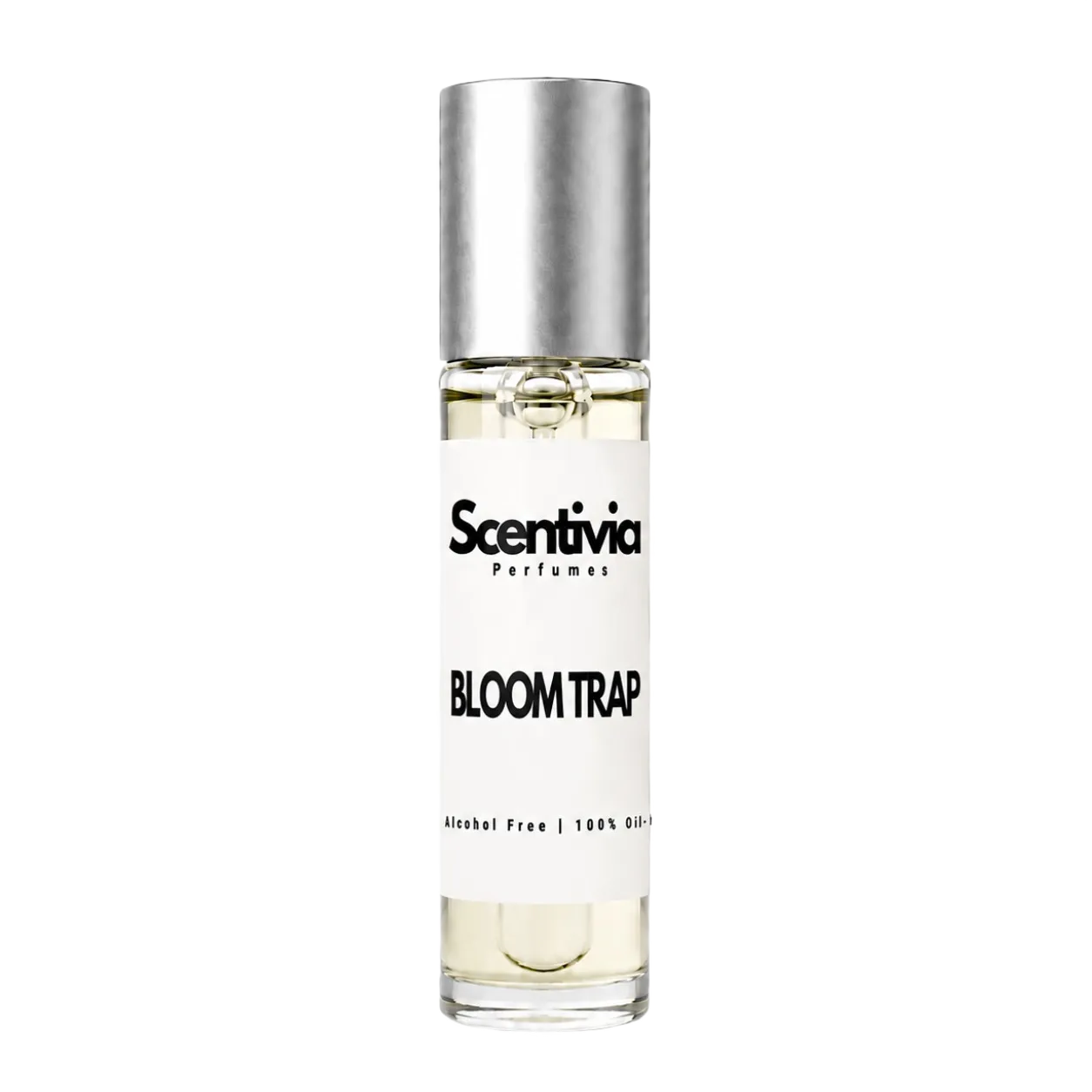 Roll-on perfume bottle with silver cap, clear glass body, Scentivia Bloom Trap label