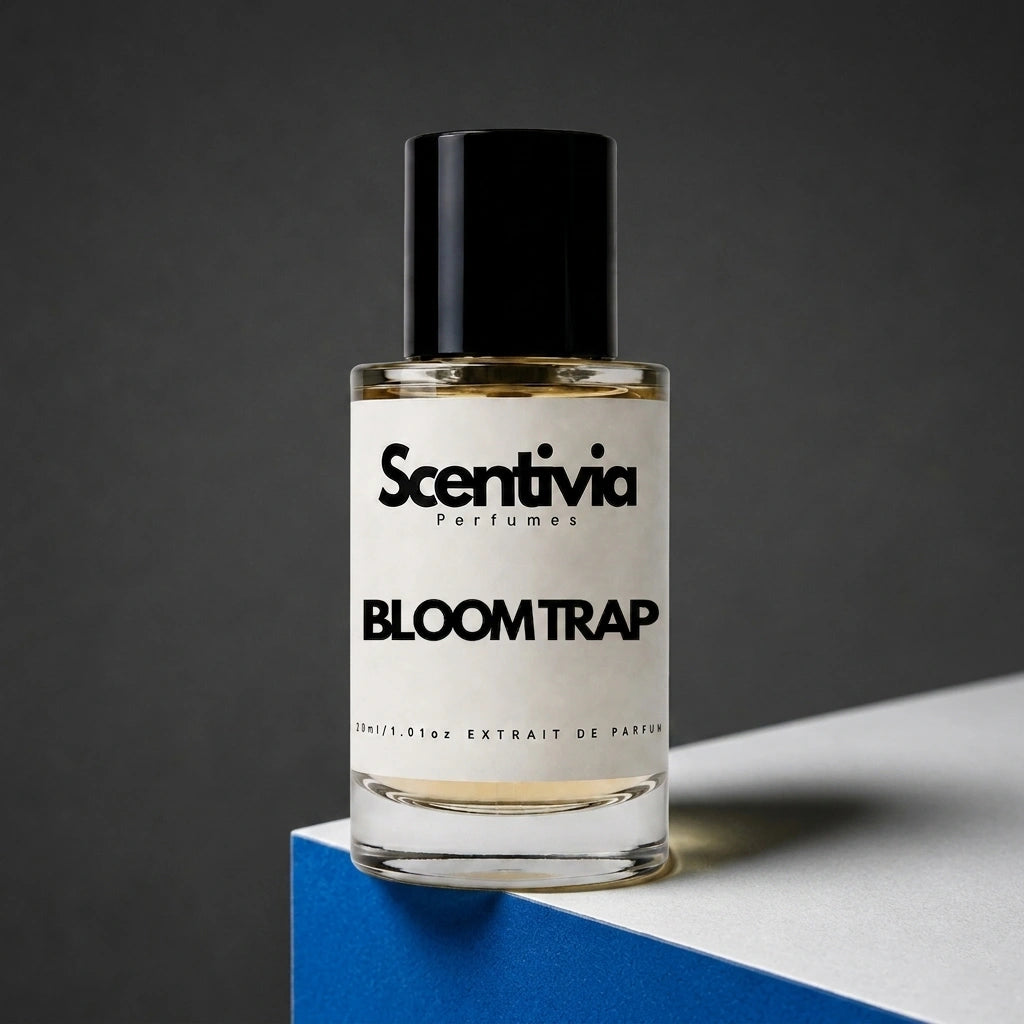 Clear glass perfume bottle with black cap, Scentivia BloomTrap label.
