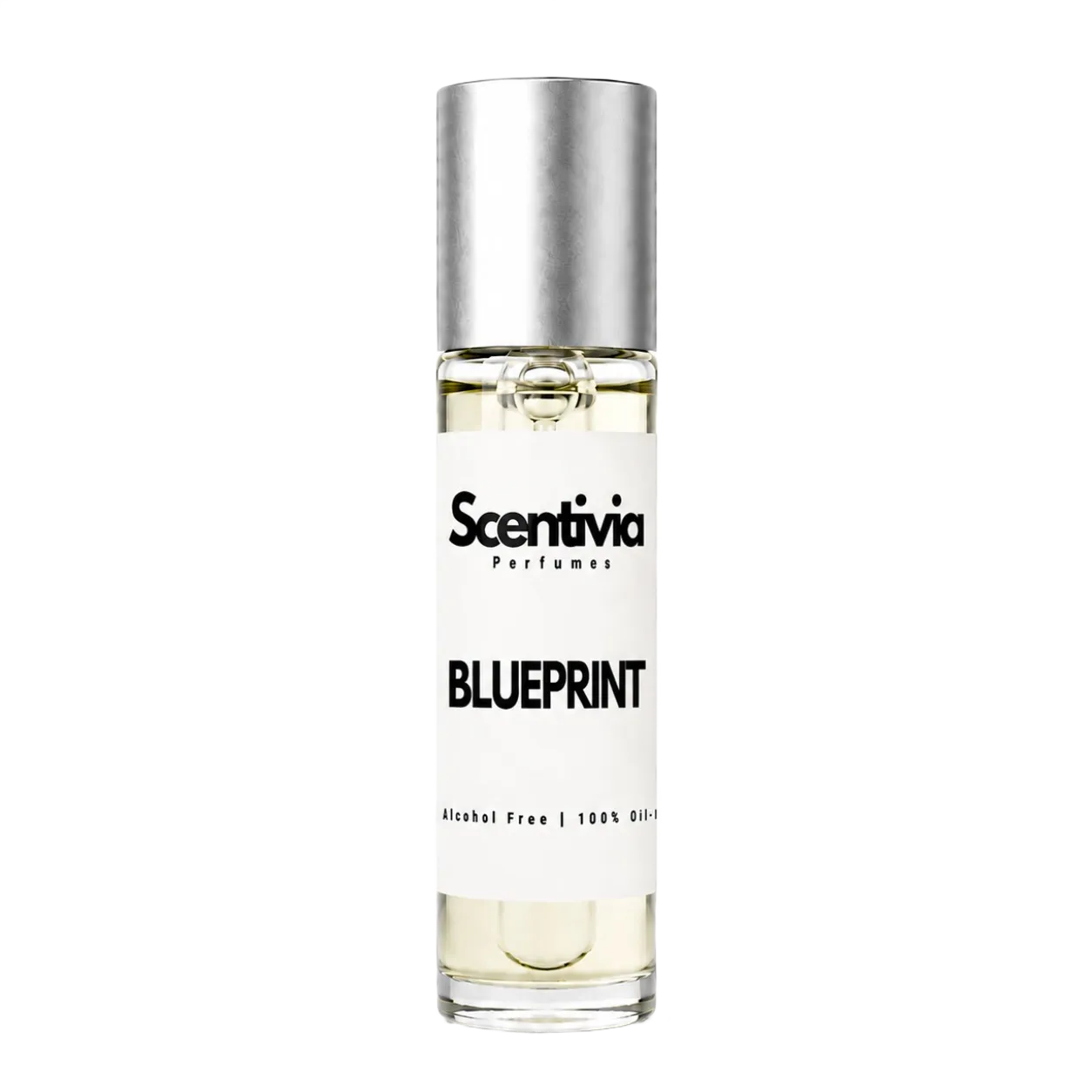 Blueprint 10 mL roll-on perfume bottle, glass body with silver cap