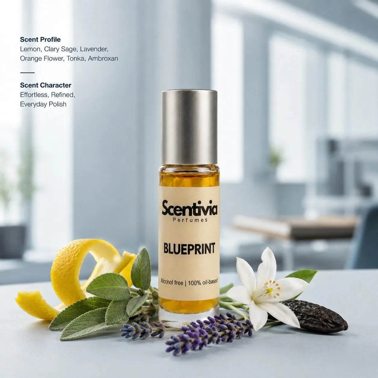 Blueprint roll on bottle with Lemon peel, Sage, Lavender, White Flower and Tonka Bean in office setting. Profile: Lemon, Sage, Lavender, Orange Flower, Tonka, Ambroxan. Character: Refined, Fresh