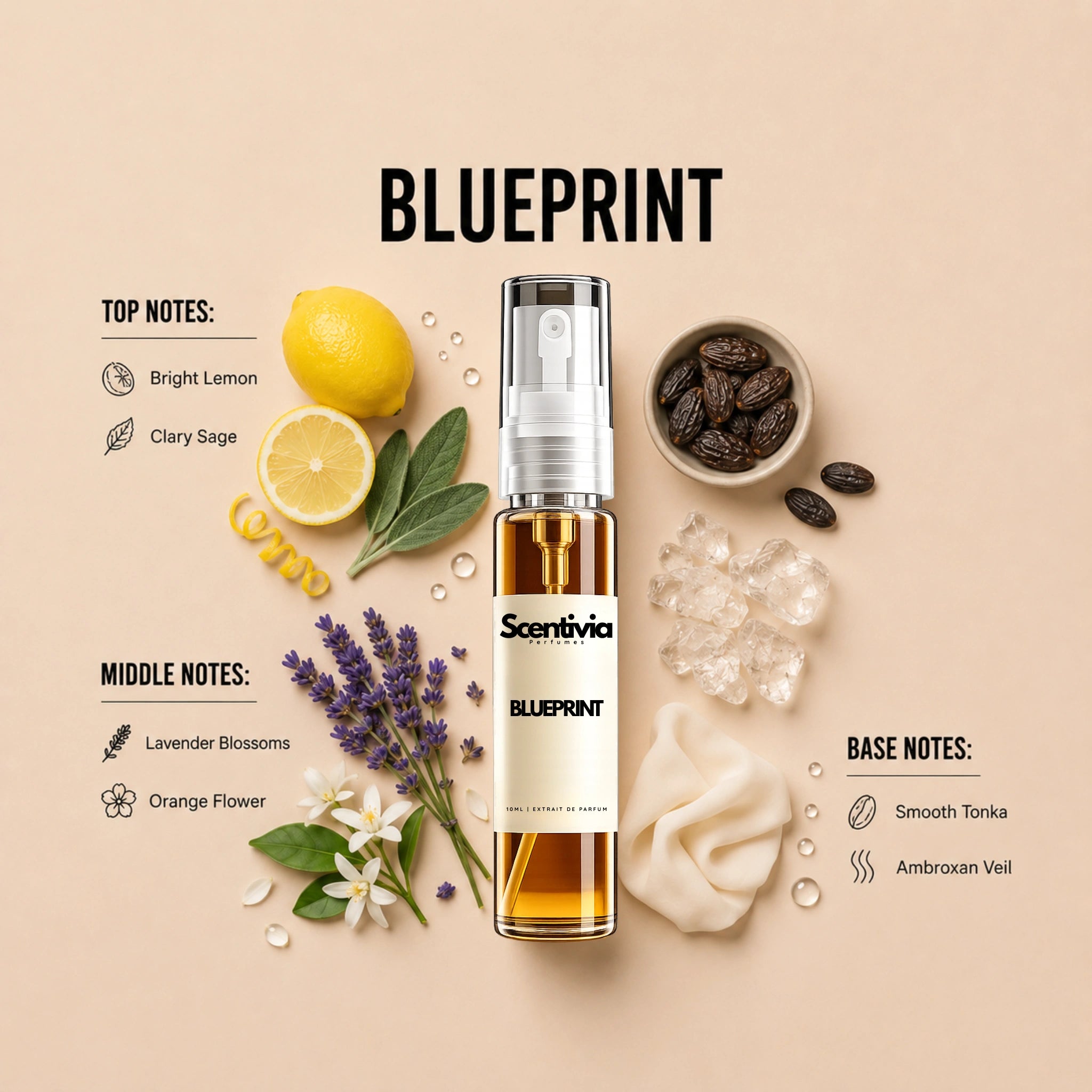 Blueprint 10ML perfume bottle by Scentivia Perfumes with lemon, clary sage, lavender, tonka and ambroxan