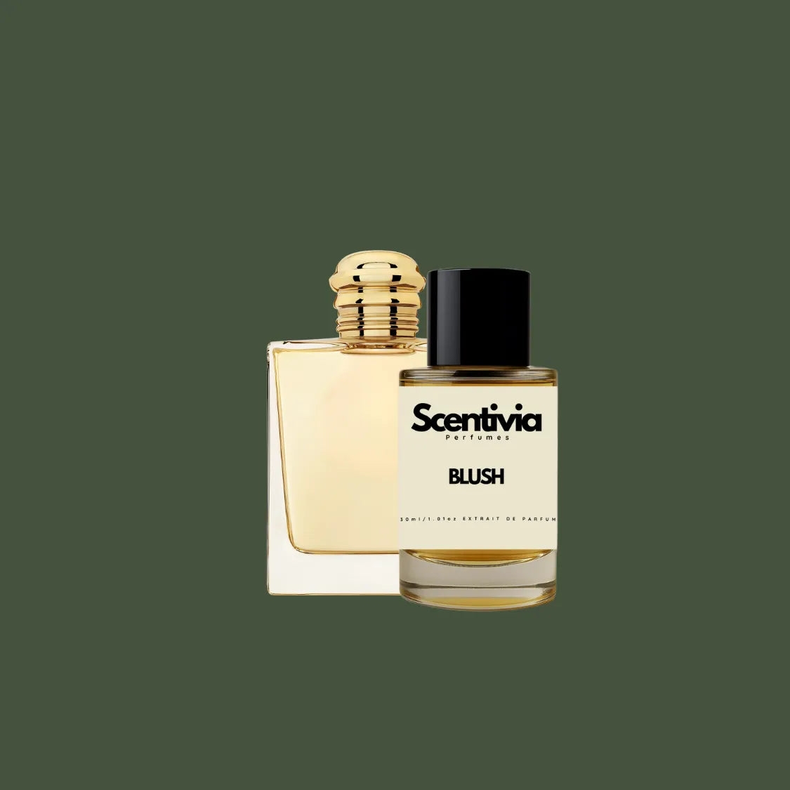 Scentivia Blush perfume bottle paired alongside a designer square bottle with a gold cap on a solid dark olive green background.