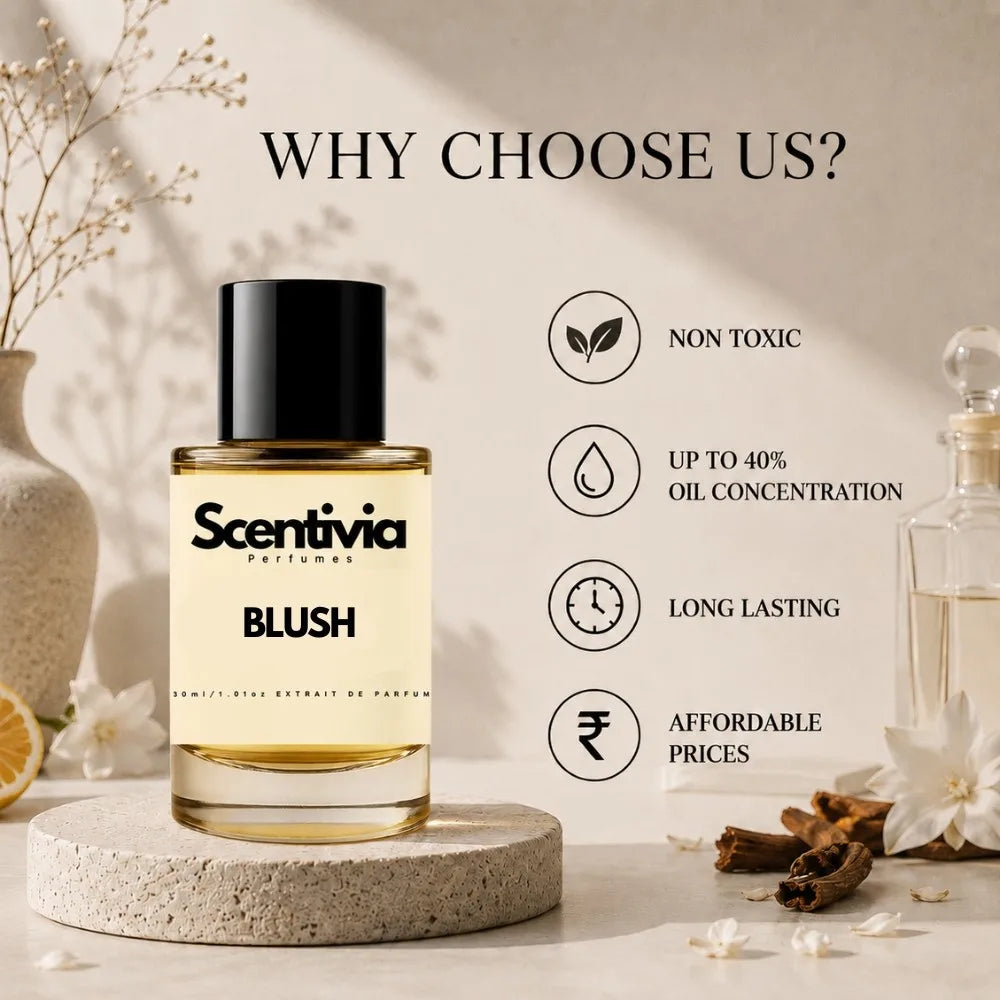 Scentivia Blush perfume advertisement with "Why Choose Us?" text, listing brand benefits like non-toxic and long lasting.