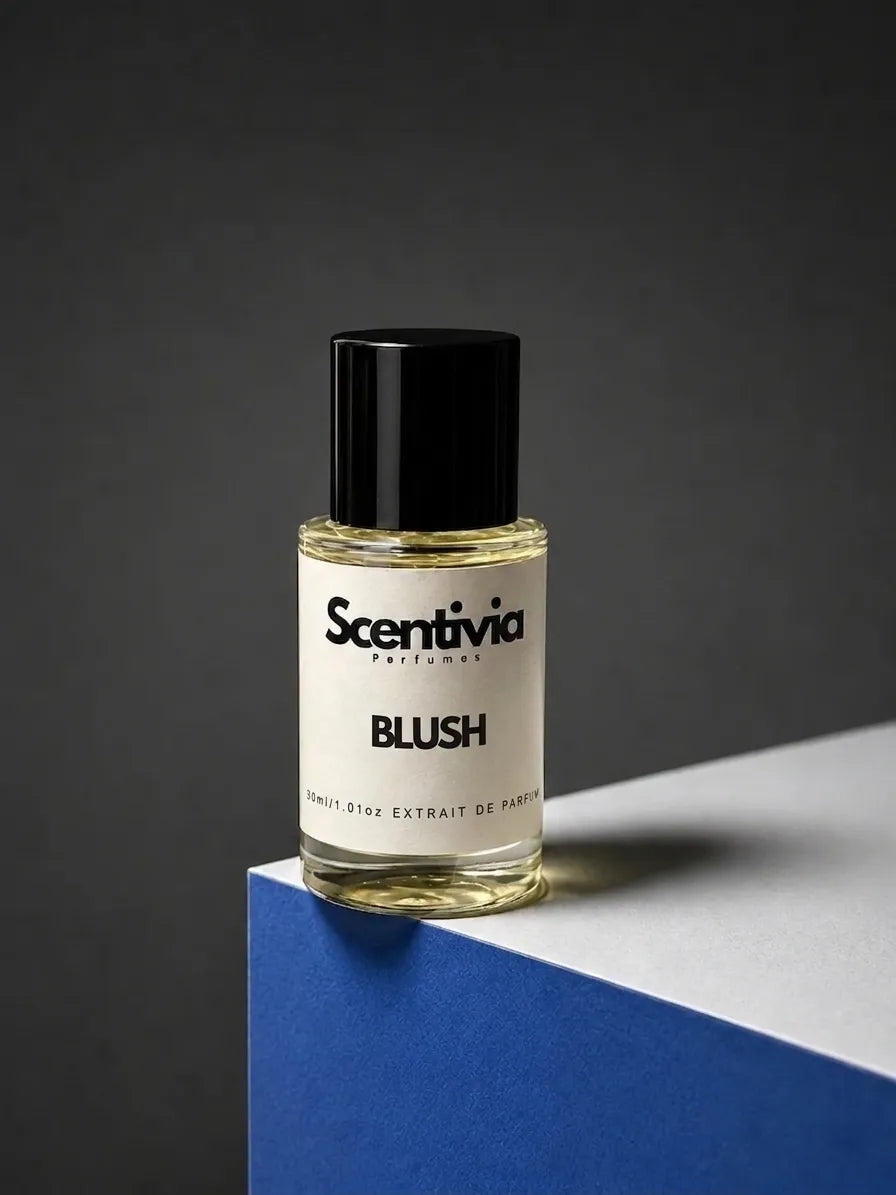 Scentivia Blush perfume bottle with black cap and glass body